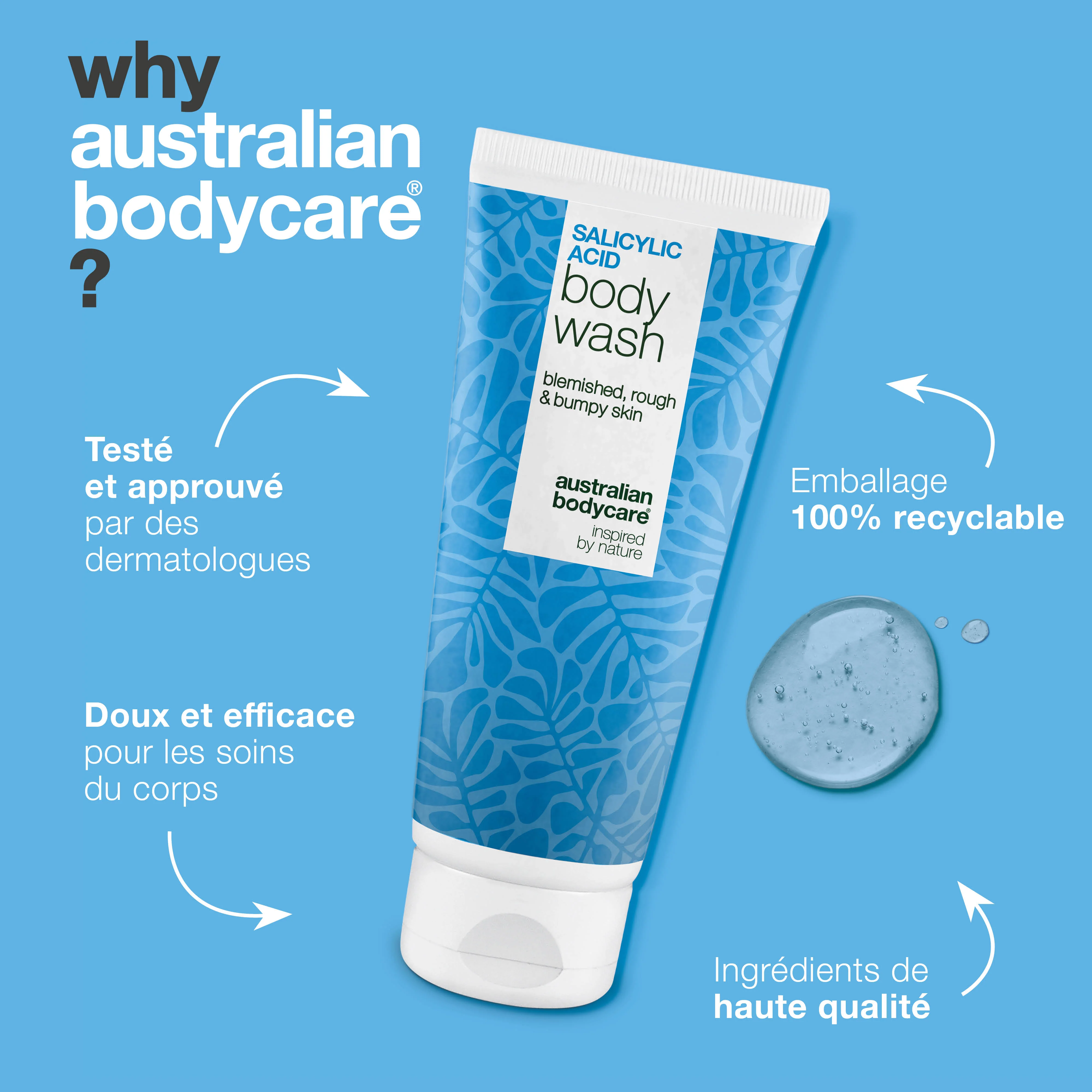Gel douche à l’acide salicylique pour pores obstrués — Gel à l’acide salicylique contre boutons et pores bouchés. Contient acide salicylique, niacinamide, zinc PCA et glycérine. - Image 4