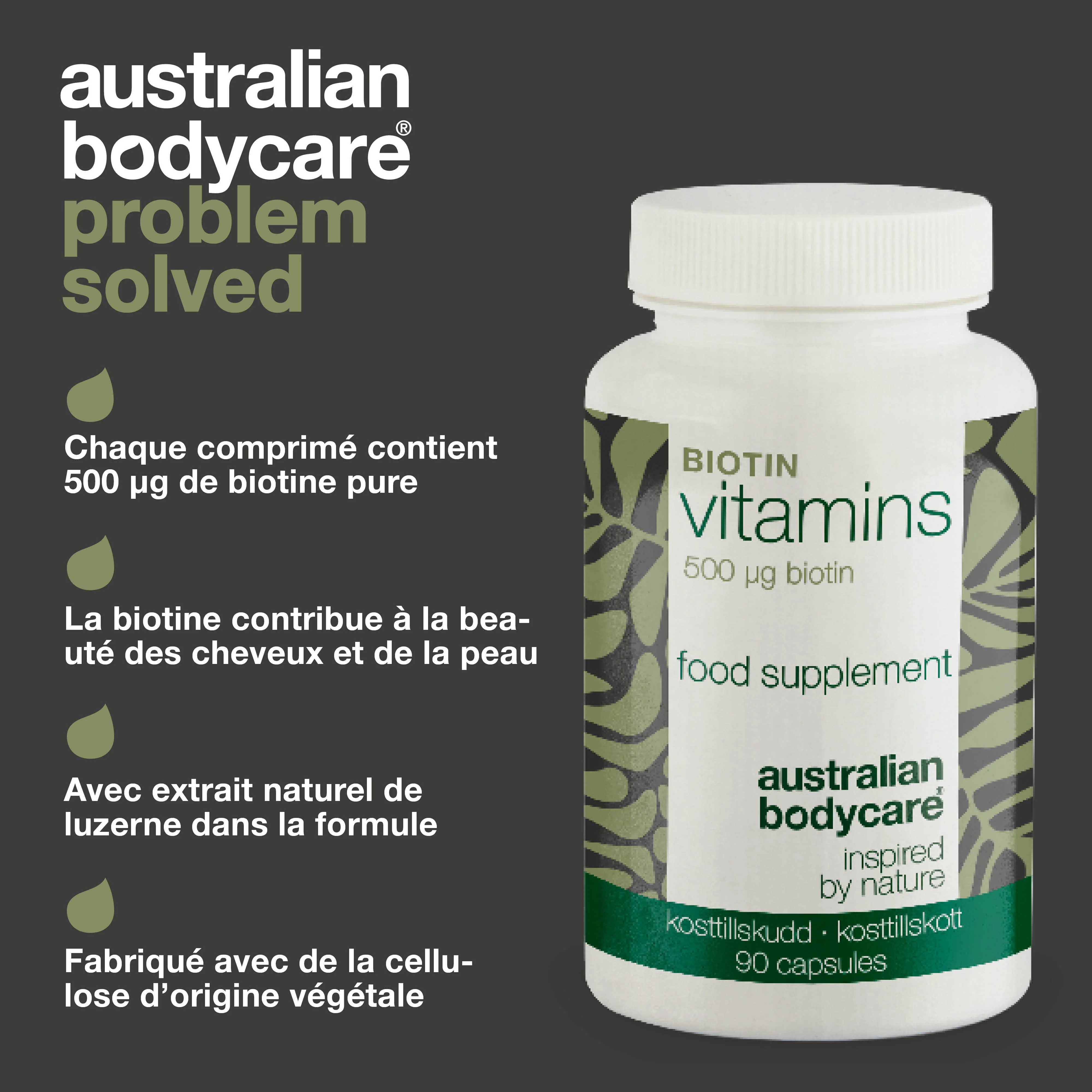 Complément biotine 500 µg – Vitamine B7 – 90 doses — Complément à la biotine avec 500 µg de B7 – pour usage quotidien. Soutient peau, cheveux, nerfs. Ingrédients : biotine, luzerne, cellulose. - Image 3