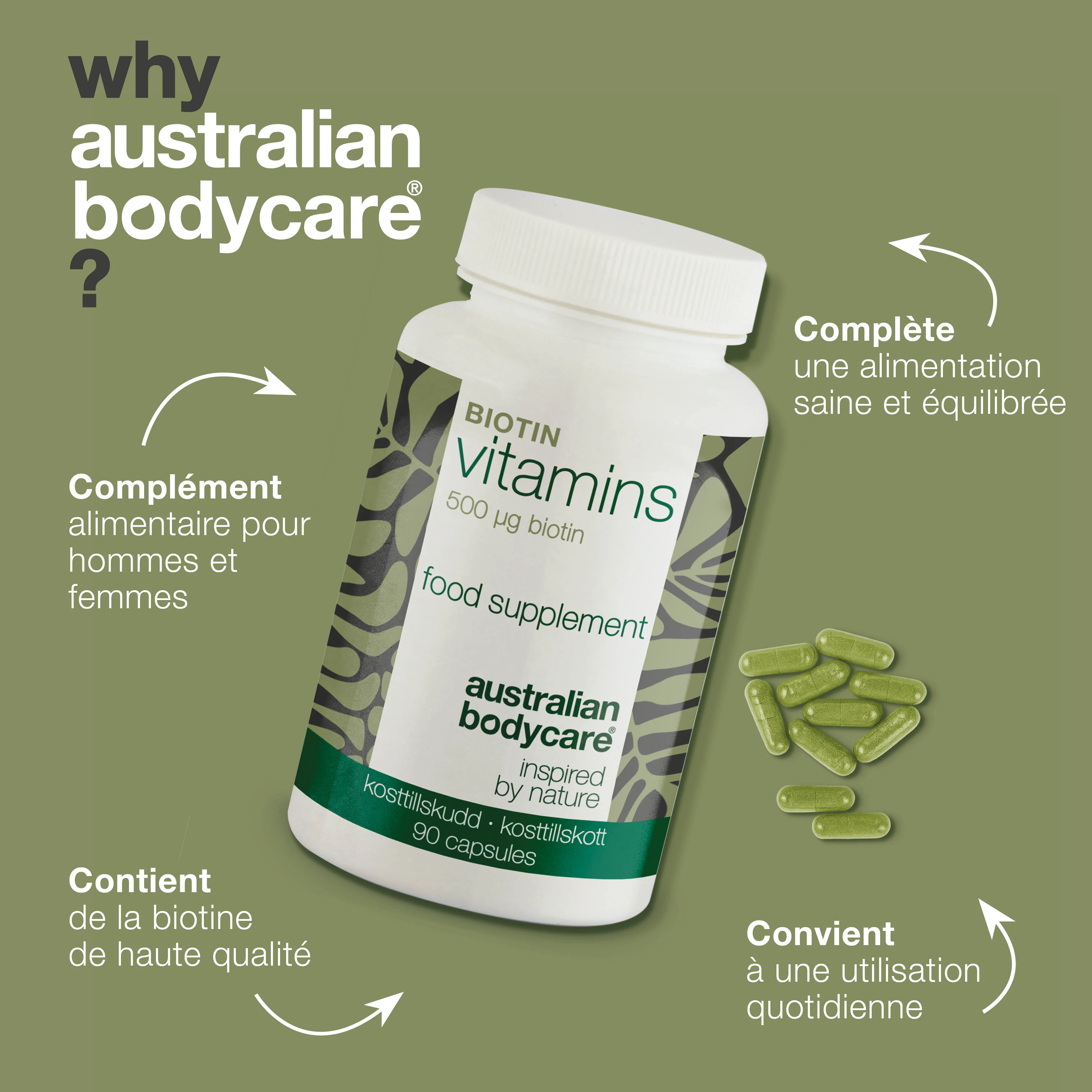 Complément biotine 500 µg – Vitamine B7 – 90 doses — Complément à la biotine avec 500 µg de B7 – pour usage quotidien. Soutient peau, cheveux, nerfs. Ingrédients : biotine, luzerne, cellulose. - Image 4