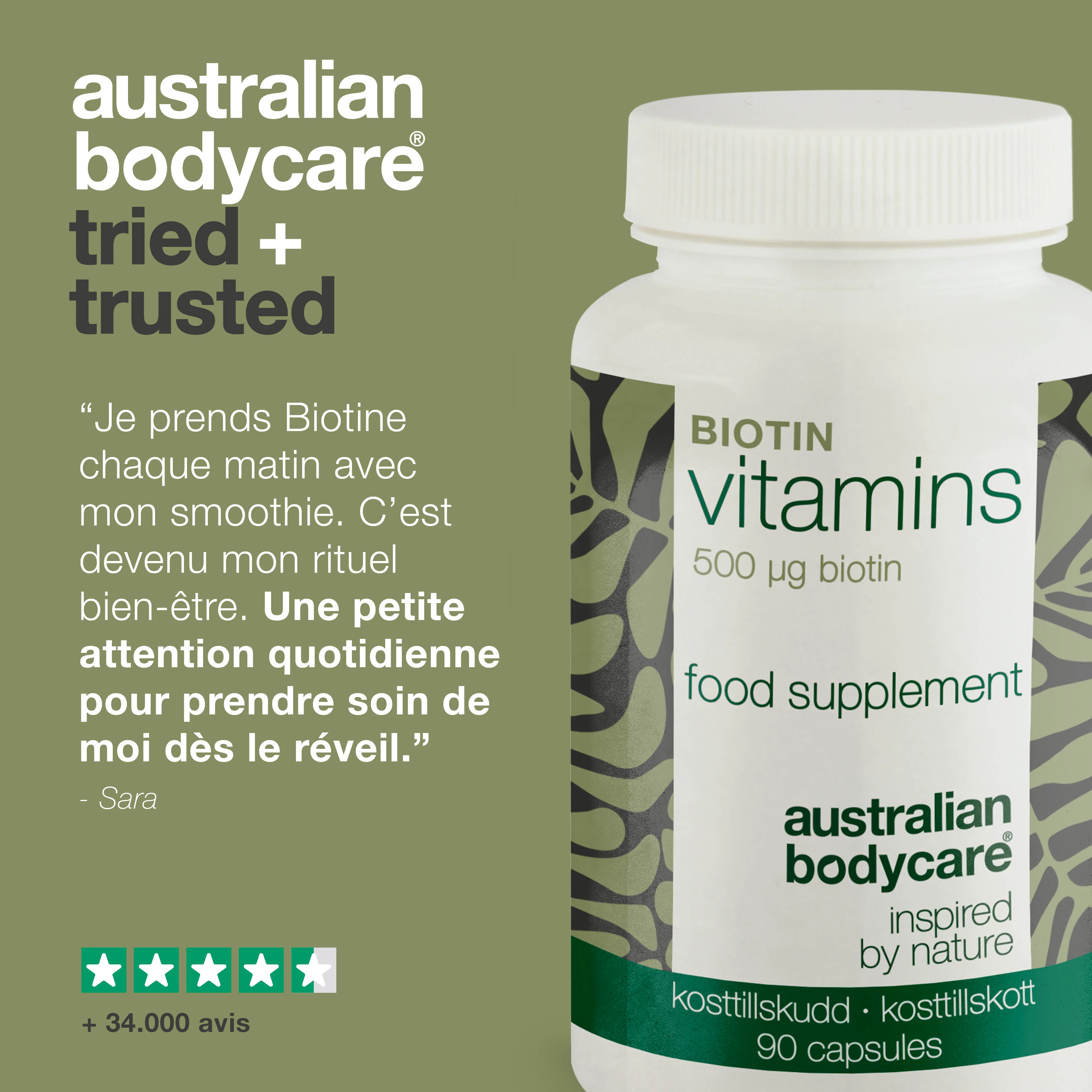 Complément biotine 500 µg – Vitamine B7 – 90 doses — Complément à la biotine avec 500 µg de B7 – pour usage quotidien. Soutient peau, cheveux, nerfs. Ingrédients : biotine, luzerne, cellulose. - Image 5