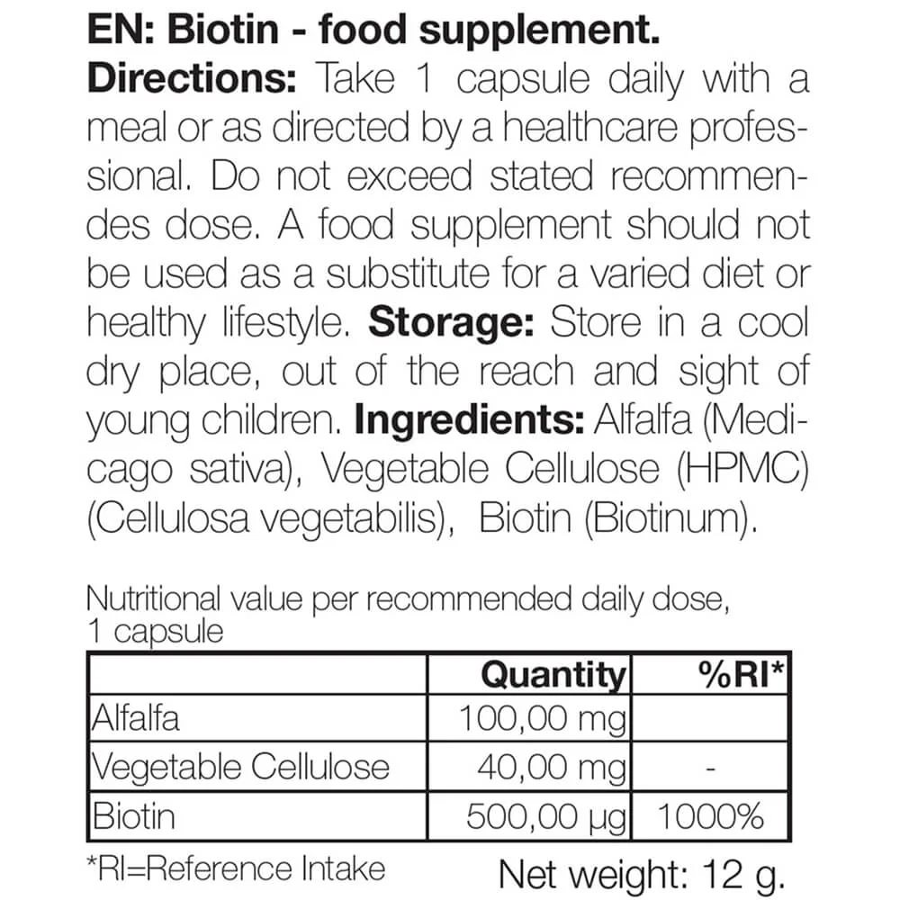 Complément biotine 500 µg – Vitamine B7 – 90 doses — Complément à la biotine avec 500 µg de B7 – pour usage quotidien. Soutient peau, cheveux, nerfs. Ingrédients : biotine, luzerne, cellulose. - Image 6
