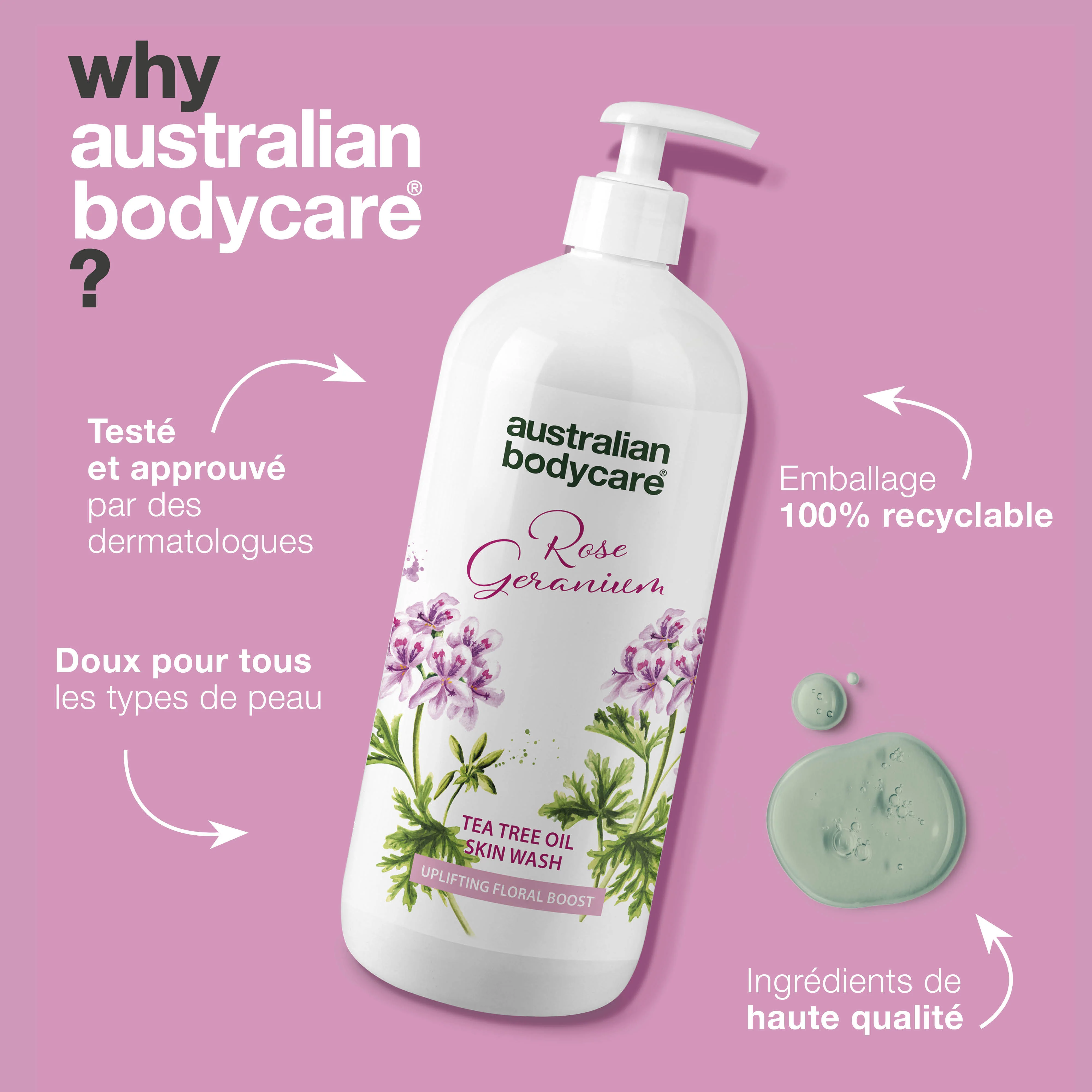 Professionnel Nettoyant pour la peau à la rose — Gel douche nettoyant en profondeur à l'huile de tea tree et au géranium rosat - Image 4
