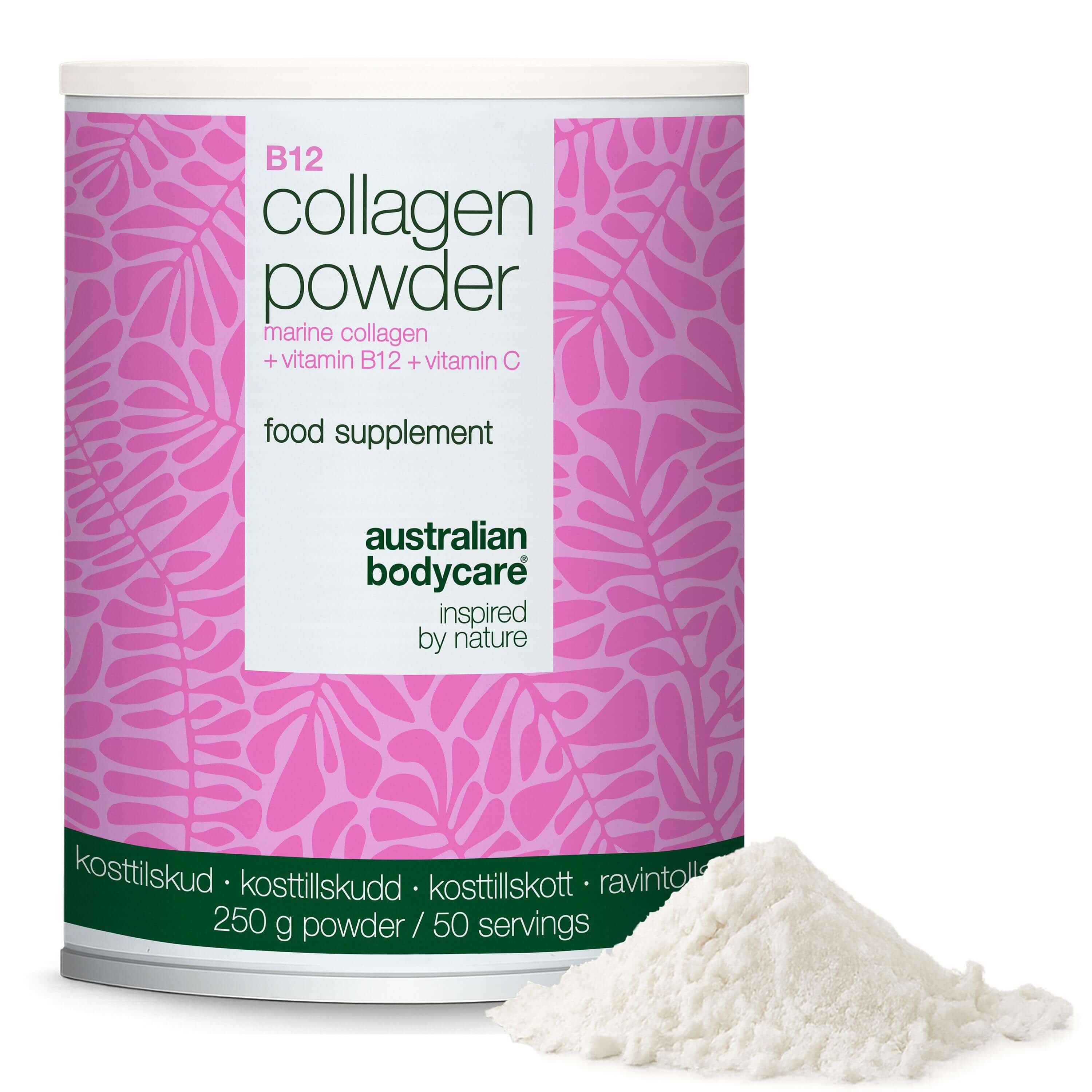 Poudre de collagène avec vitamines C et B12 – 250g — Poudre de collagène à utiliser chaque jour dans vos repas. Avec collagène marin, vitamine C et vitamine B12.